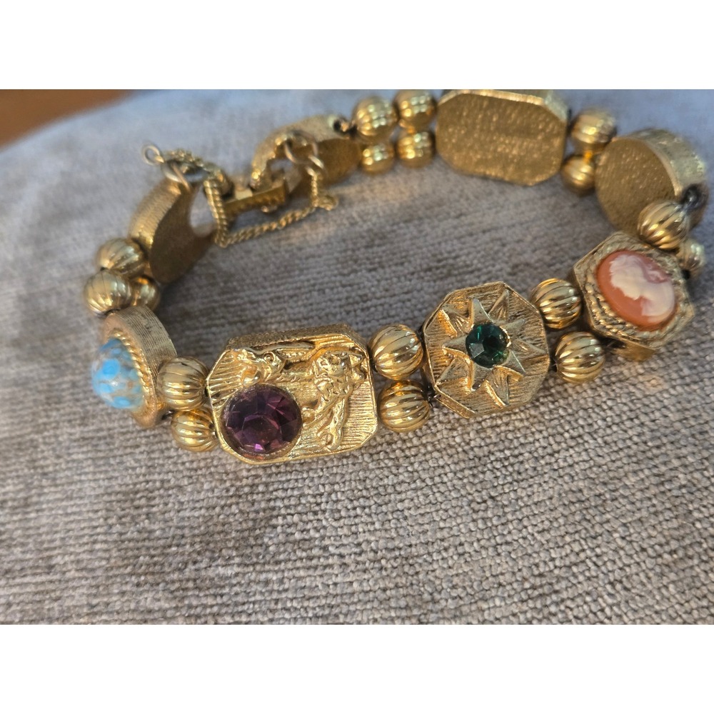 Unsigned Goldette Slide Charm Substantial Bracelet Cameo Snake Safety Chain - Picture 10 of 12